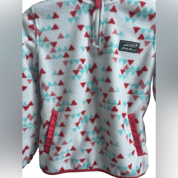 Girl’s Eddie Bauer Fleece White Red Aqua Print 1/4 Zip Pullover - Picture 3 of 5